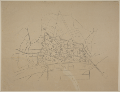217076 Plattegrond van de stad Utrecht. De kaart is identiek cat. nr. 216038, maar zonder legenda en titel.